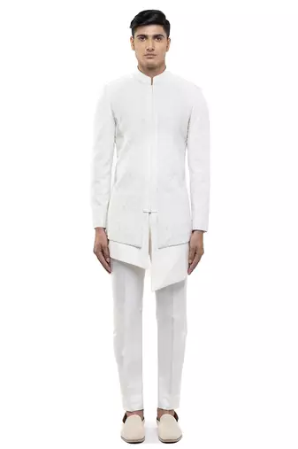 White embroidered silk sherwani set