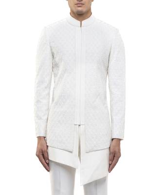 White embroidered silk sherwani set 5