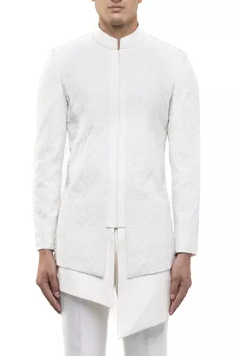 White embroidered silk sherwani set