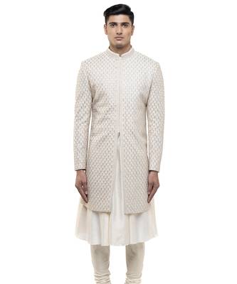 White embroidered silk sherwani set 1