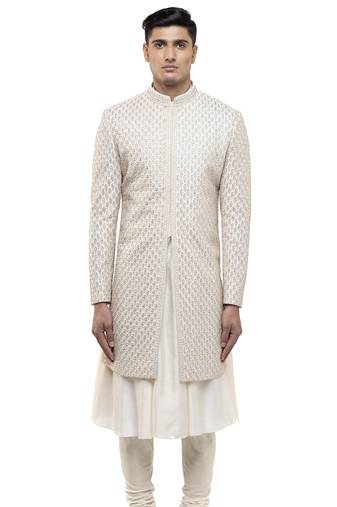 White embroidered silk sherwani set