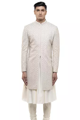 White embroidered silk sherwani set