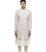White embroidered silk sherwani set