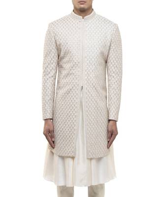 White embroidered silk sherwani set 2