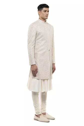 White embroidered silk sherwani set