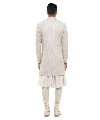White embroidered silk sherwani set 4