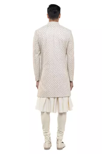 White embroidered silk sherwani set