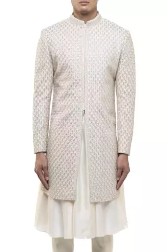 White embroidered silk sherwani set