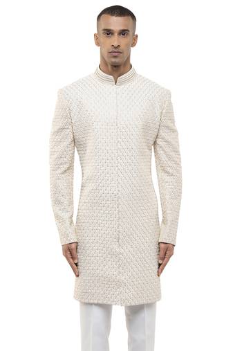 White embroidered silk sherwani set