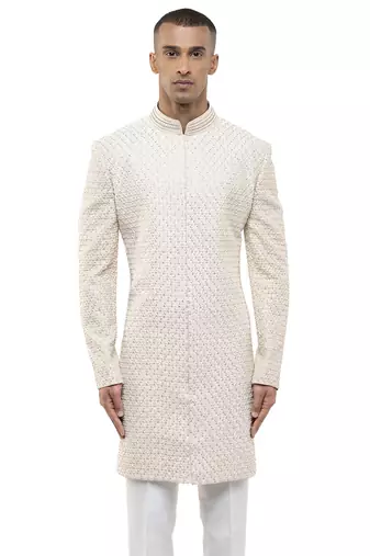 White embroidered silk sherwani set