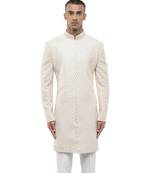 White embroidered silk sherwani set