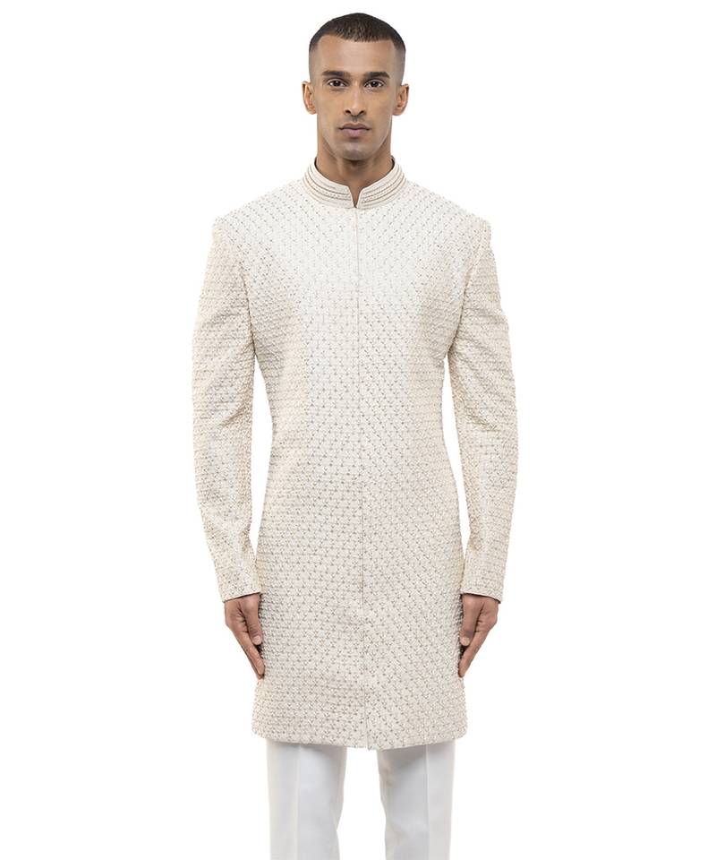 White embroidered silk sherwani set