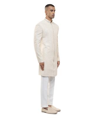 White embroidered silk sherwani set 3