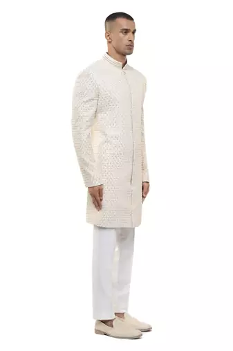 White embroidered silk sherwani set