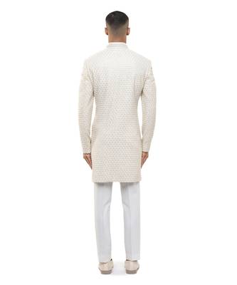 White embroidered silk sherwani set 4
