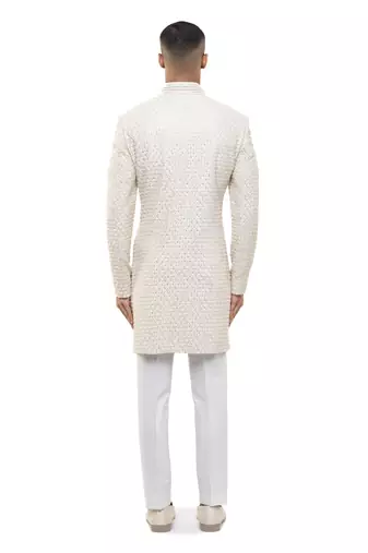 White embroidered silk sherwani set