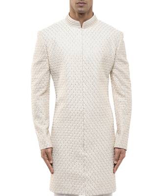 White embroidered silk sherwani set 5
