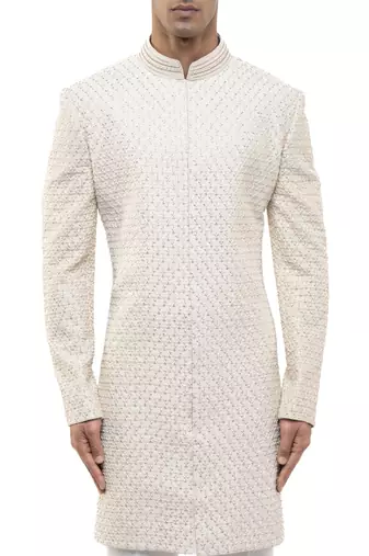 White embroidered silk sherwani set
