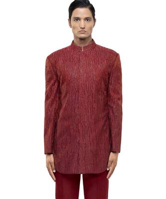 Red embroidered silk sherwani set 1