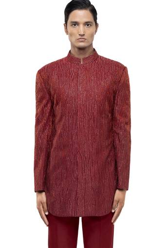 Red embroidered silk sherwani set