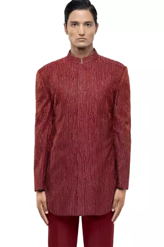 Red embroidered silk sherwani set