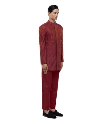 Red embroidered silk sherwani set 3