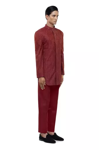 Red embroidered silk sherwani set