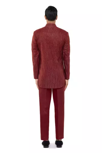 Red embroidered silk sherwani set