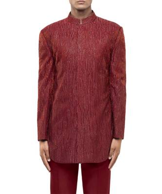 Red embroidered silk sherwani set 5