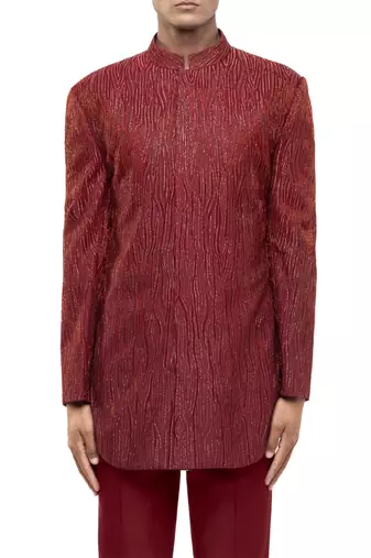 Red embroidered silk sherwani set