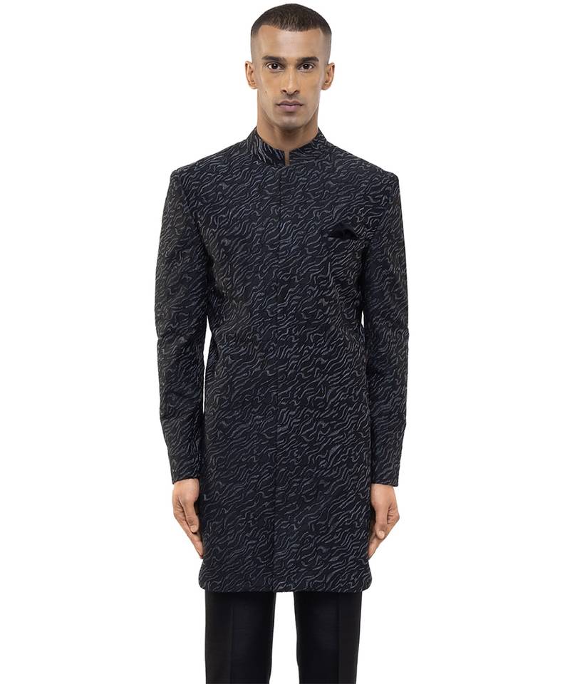 Black embroidered silk sherwani set