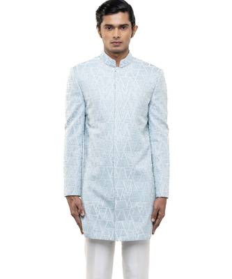 Blue embroidered silk sherwani set 1