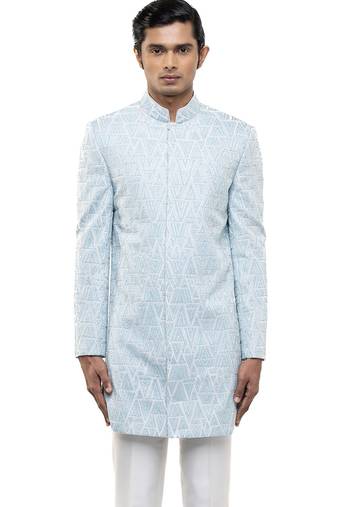 Blue embroidered silk sherwani set