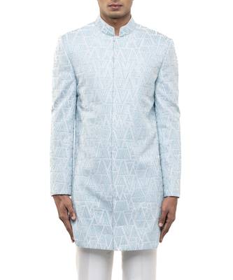 Blue embroidered silk sherwani set 2