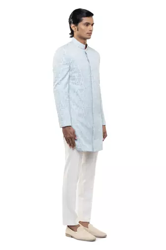 Blue embroidered silk sherwani set