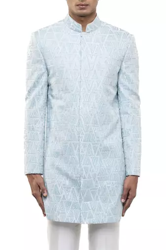 Blue embroidered silk sherwani set
