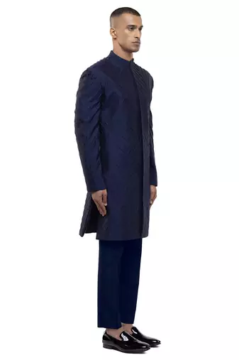 Blue embroidered silk sherwani set