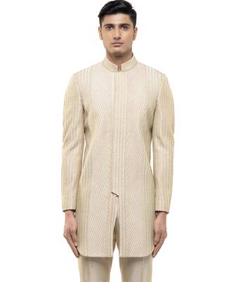 Beige embroidered silk sherwani set 1