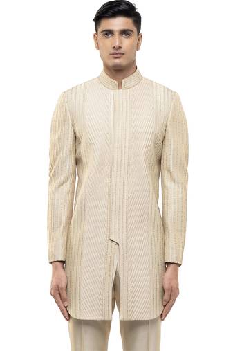 Beige embroidered silk sherwani set