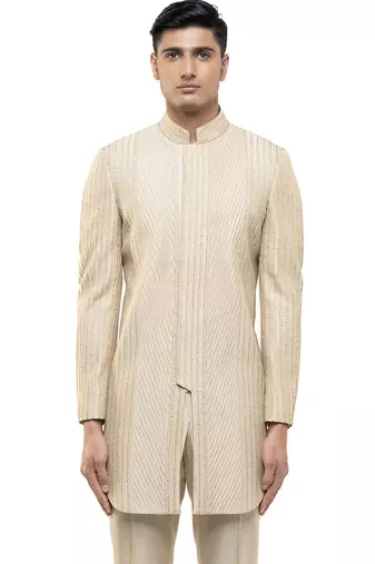 Beige embroidered silk sherwani set