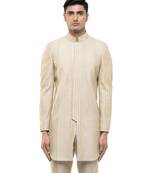 Beige embroidered silk sherwani set