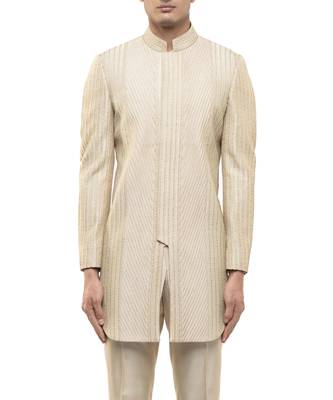 Beige embroidered silk sherwani set 2