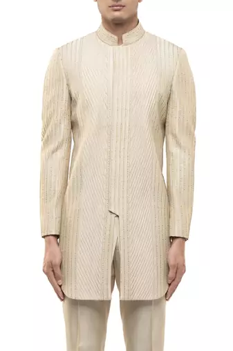 Beige embroidered silk sherwani set