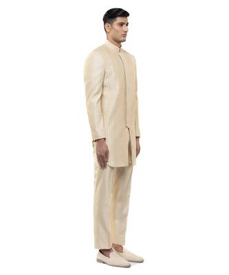 Beige embroidered silk sherwani set 3