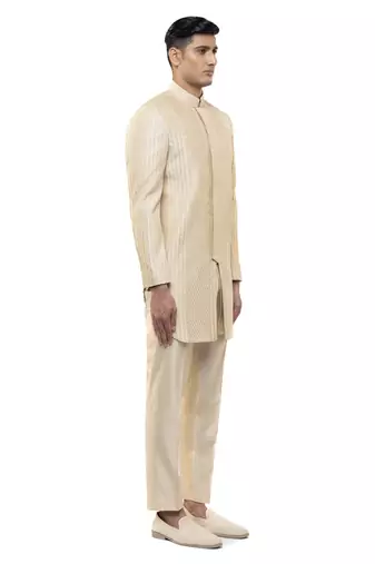 Beige embroidered silk sherwani set
