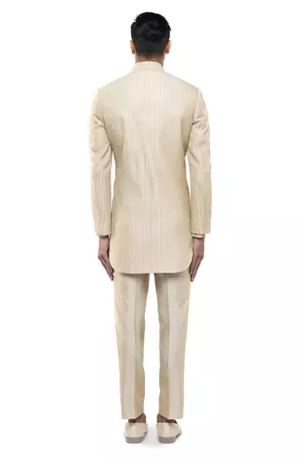 Beige embroidered silk sherwani set