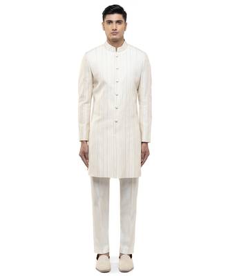 White embroidered silk sherwani set 1