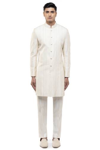White embroidered silk sherwani set