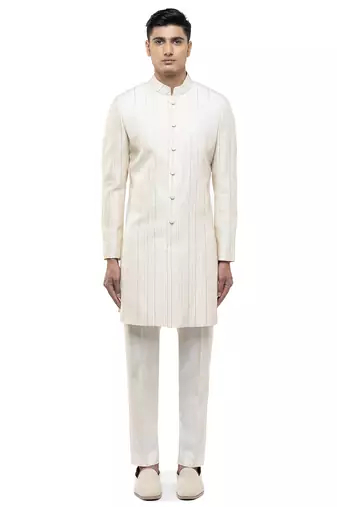 White embroidered silk sherwani set