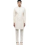 White embroidered silk sherwani set